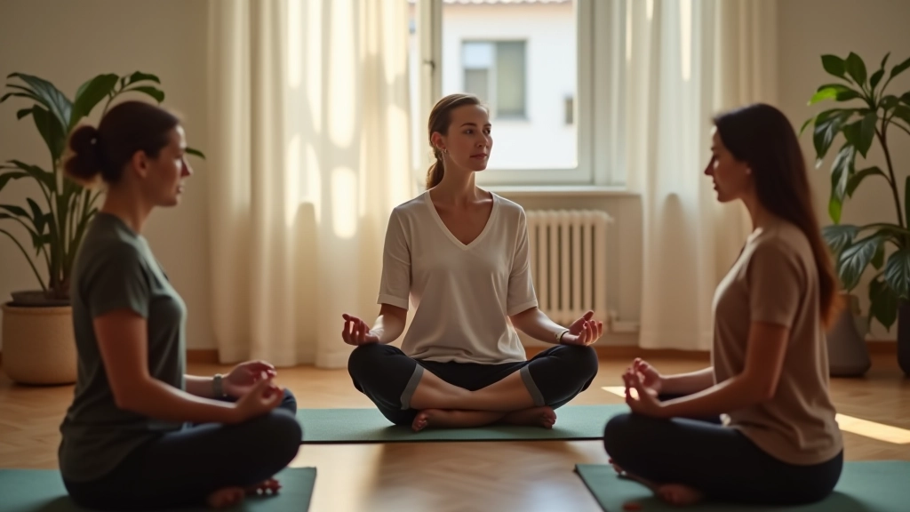 Instrutor guiando grupo em técnicas de meditação e respiração profunda