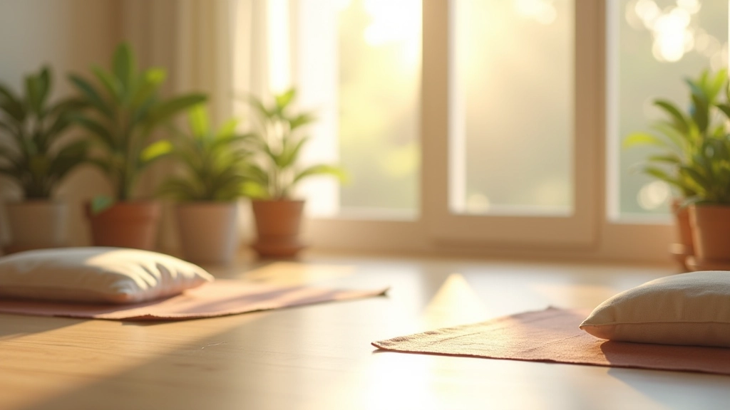 Espaço de meditação tranquilo com almofadas, plantas e luz natural suave