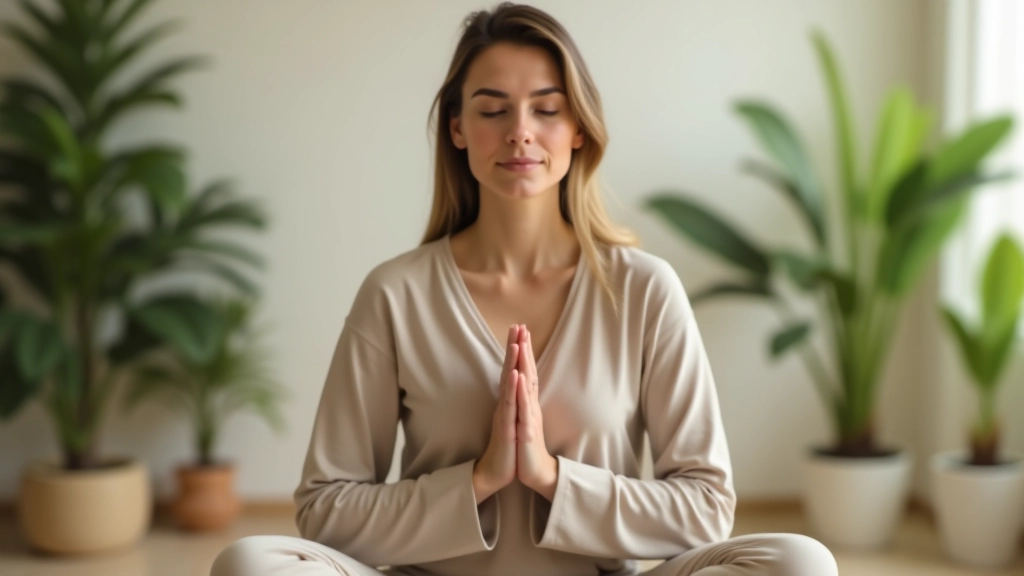Pessoa em posição de yoga meditativa com expressão de paz interior