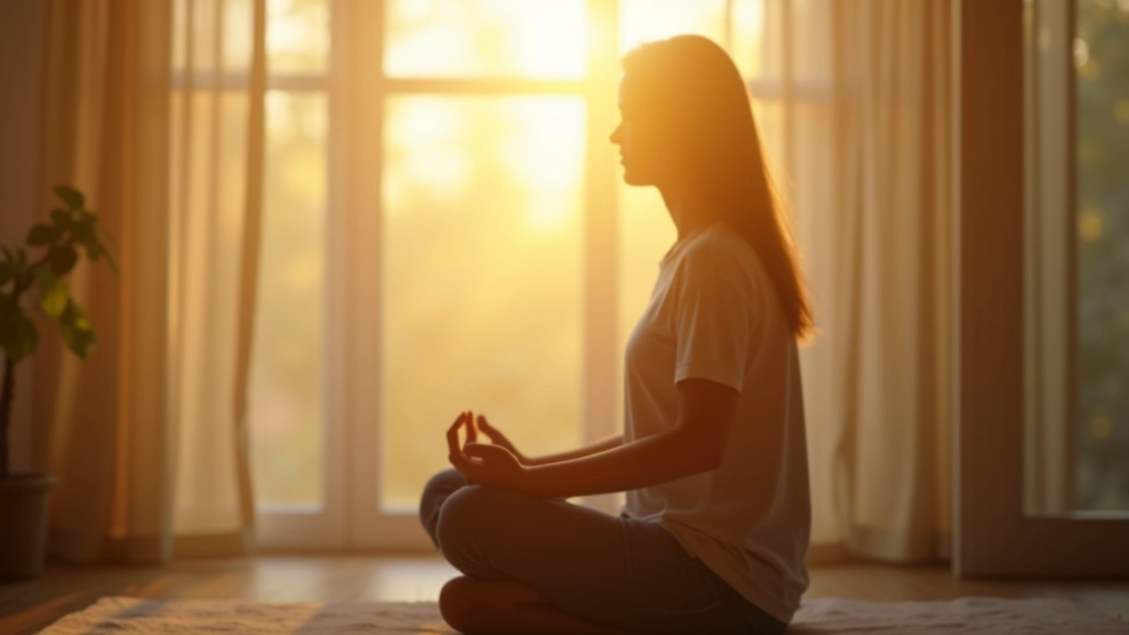 Pessoa em meditação durante o amanhecer, luz dourada, janela ao fundo, serenidade