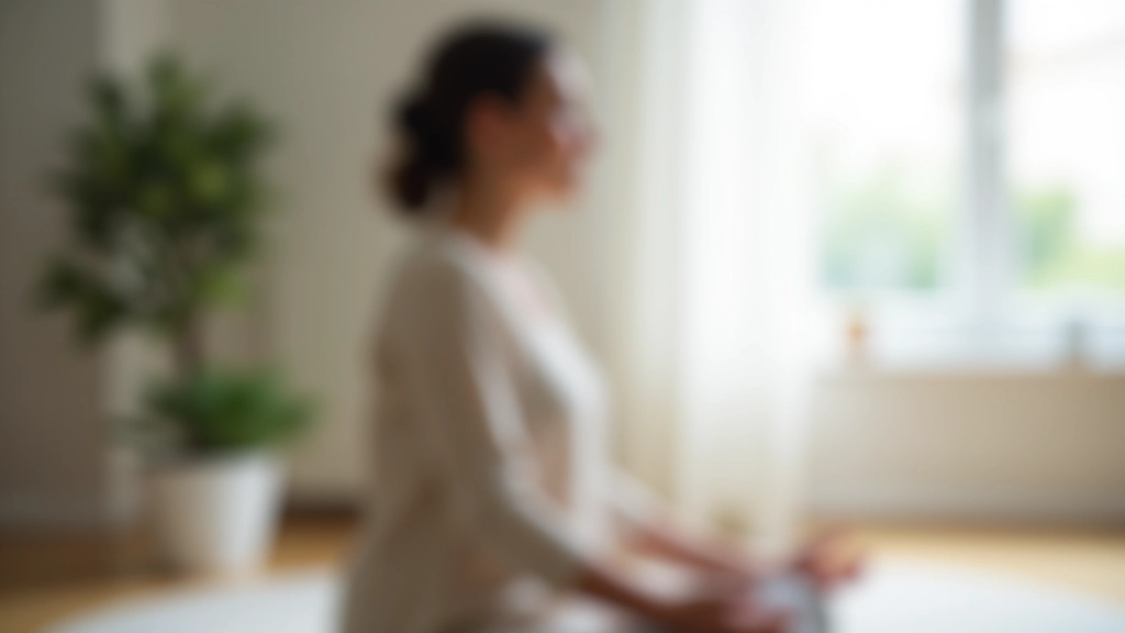 Pessoa sentada em posição de meditação, vista lateral, ambiente calmo com luz difusa