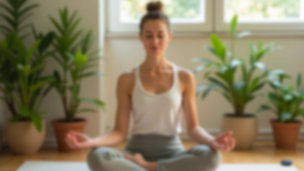 Pessoa meditando em estúdio tranquilo com plantas verdes e luz natural suave