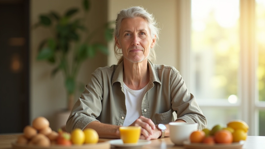 Pessoa em repouso tomando café da manhã com frutas frescas em mesa de madeira clara