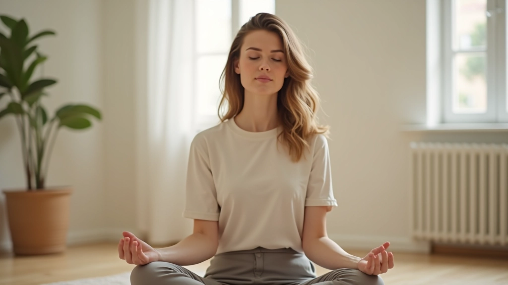 Pessoa praticando mindfulness em ambiente tranquilo com luz natural, expressão concentrada e serena