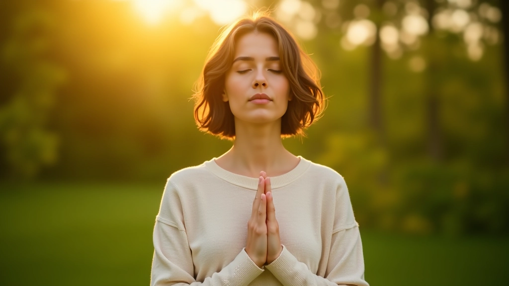 Pessoa respirando em ambiente natural externo com flores e vegetação ao fundo