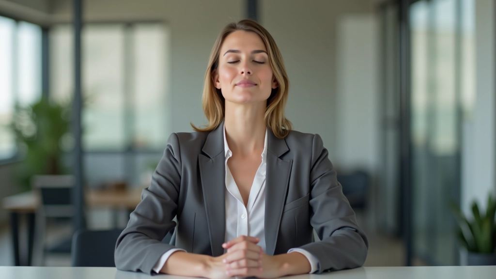 Pessoa em ambiente de trabalho moderno respirando profundamente com expressão calma e focada