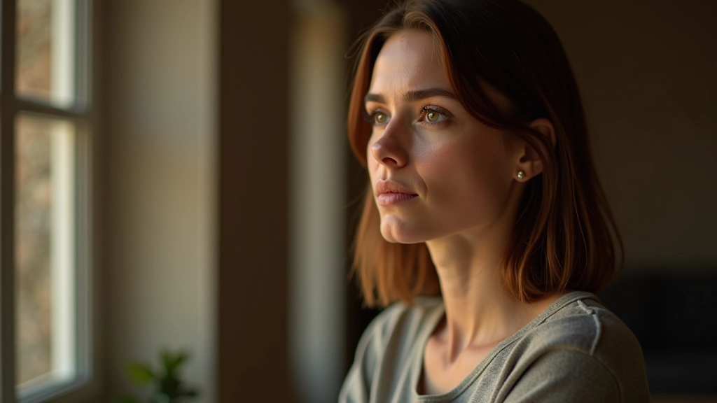 Mulher observando-se no espelho, momento de auto-reflexão e consciência emocional, expressão pensativa
