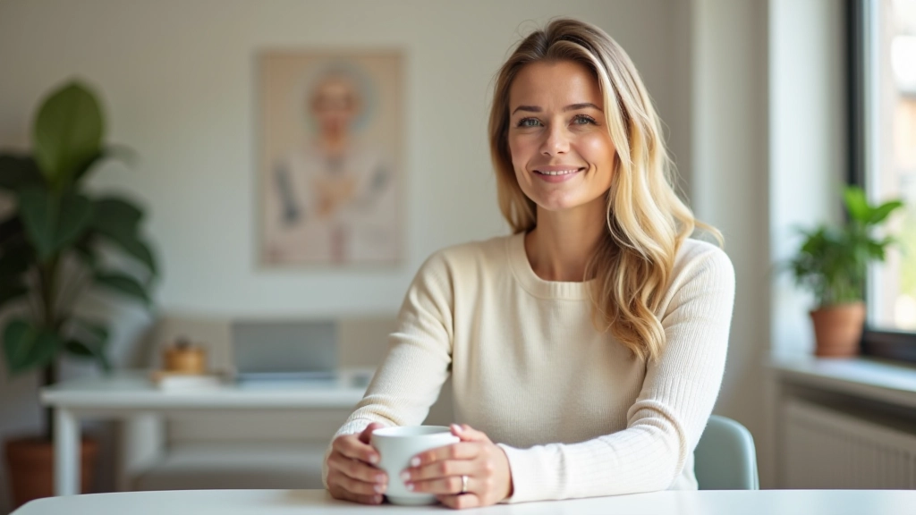Mulher sentada à secretária com café quente, respirando profundamente com janela ao fundo